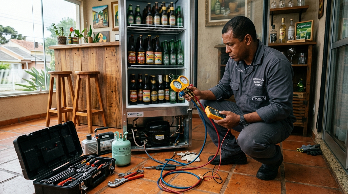 Profissional executando reparo no motor de cervejeira em Volta Redonda‑RJ