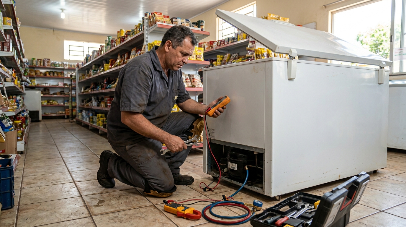 Substituição de termostato de freezer em visita técnica em Volta Redonda‑RJ